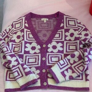 Purple Floral Geometric V-Neck Button Cardigan - Kids